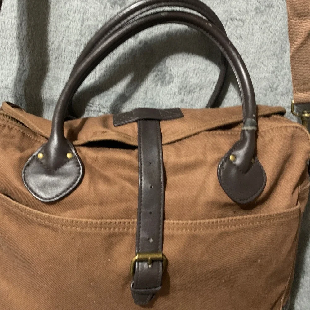 J. Crew Brown Canvas Messenger Bag Leather Trim Crossbody Satchel RN77388 Faw